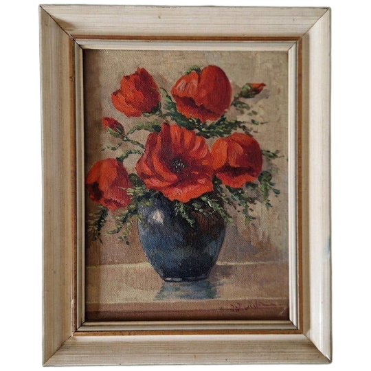 Vintage Schilderij Olieverf Op Doek Klaprozen Op Vaas 1