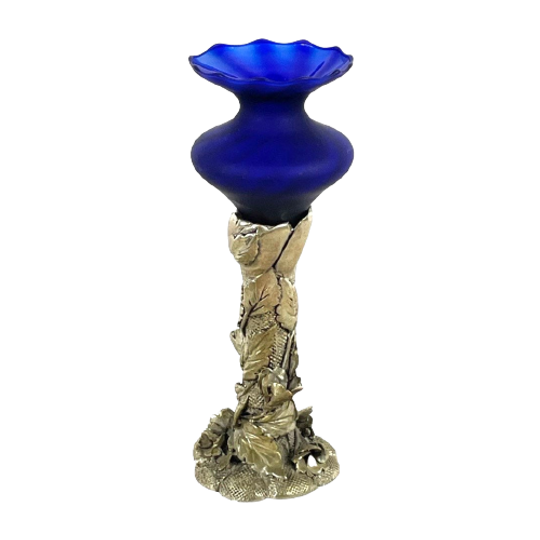Rodean - Italy - Cobalt Blue Colored Glass Bowl On Silver Base With A Floral Scene - Original Sta 1