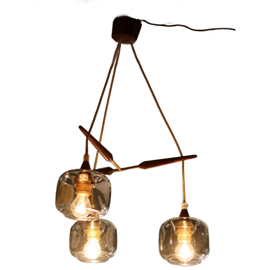 Lustre Scandinave « Cascade » Des Années 60 En Laiton, Teck Et Verre Fumé 1