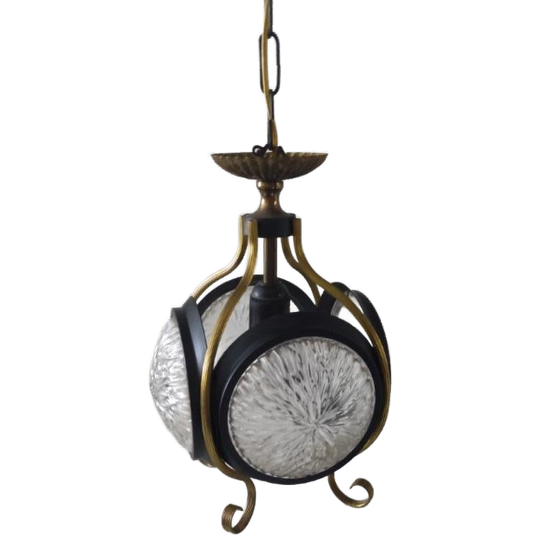 Vintage Hanglamp Glas Metaal Goudkleurig Zwart Jaren 60 1