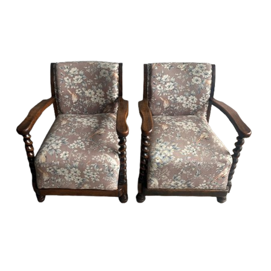 Pair Of Vintage Floral &amp; Birds Armchairs With Barley Twist Wood 1