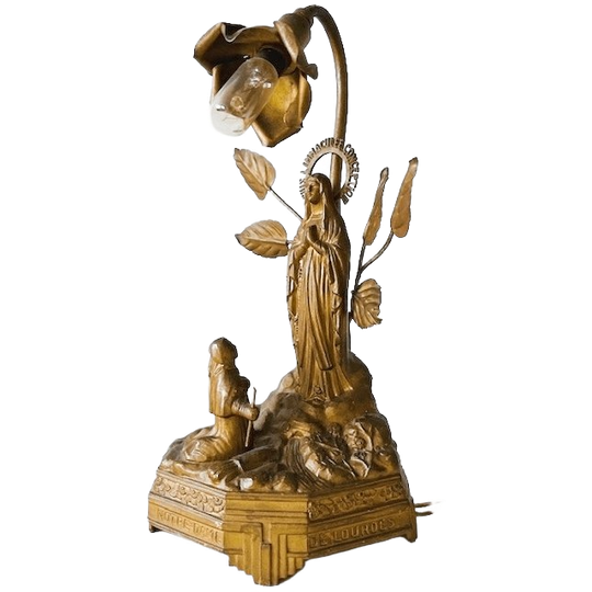 Antieke Messing Lourdes Souvenir Lamp Maria Muziekdoos Religieus 1910’s 1