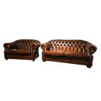 Ruime Engelse Chesterfield Zithoek 3+2 Zits Antiek Rood Bruin thumbnail 1