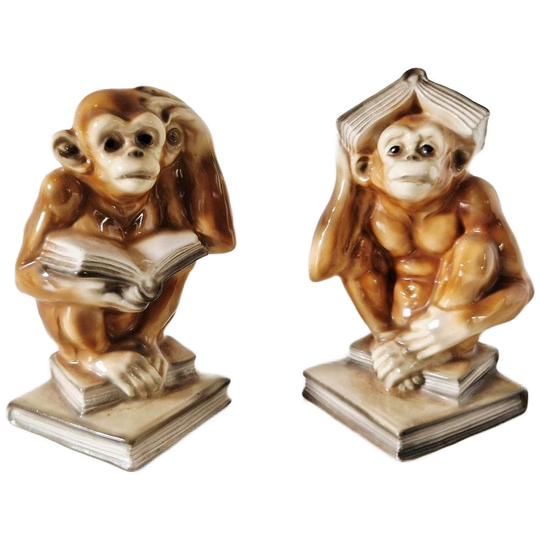 Set Vintage Boekensteunen Aap Beeldjes Porselein Apen 1