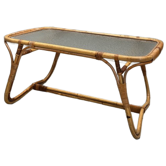 Vintage Rotan Salontafel Met Wolkglas 1