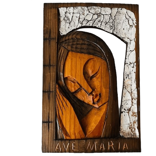 Vintage Handgesneden Maagd Maria Wandplaquette Houten Wanddecoratie 1970’s 1