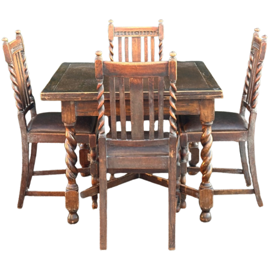 A 1920s Oak Draw-leaf Dining Table, On Barley-twist Legs And 4 Stoelen 1