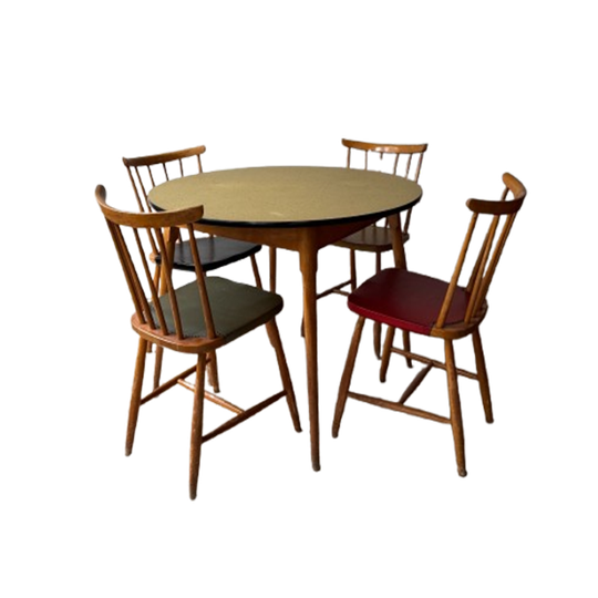 Vintage Ronde Tafel En 4x Spijlen Stoelen Set 1