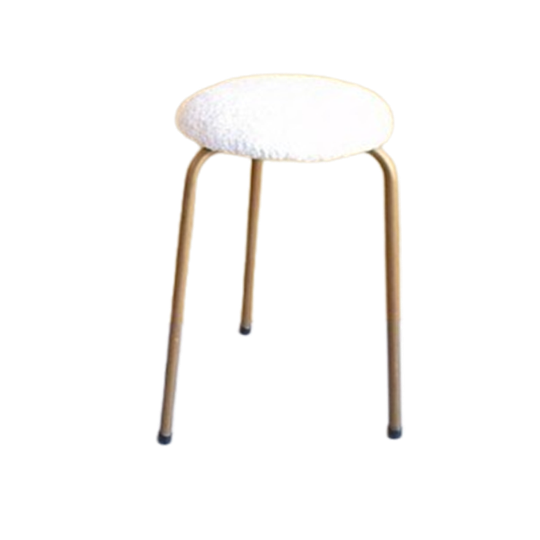 Vintage Krukje, Stalen Pootjes, Teddy Stoffering, Ronde Zit 1