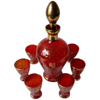 Vintage Ferro En Lazzarini Murano Rode Glazen Karaf En 6 Glazen Met 22kt Gouden Rand.