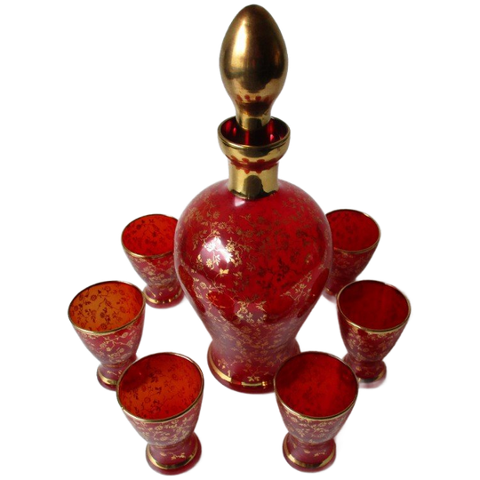 Vintage Ferro En Lazzarini Murano Rode Glazen Karaf En 6 Glazen Met 22kt Gouden Rand. 1