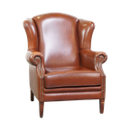 Correcte, Comfortabele, Luxe Engelse Stijl Oorfauteuil Gemaakt Van Cognac Kleurig Rundleer thumbnail 1