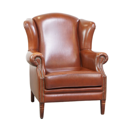 Correcte, Comfortabele, Luxe Engelse Stijl Oorfauteuil Gemaakt Van Cognac Kleurig Rundleer 1