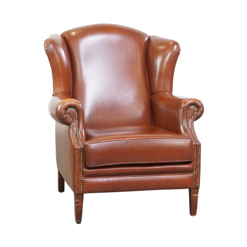 Correcte, Comfortabele, Luxe Engelse Stijl Oorfauteuil Gemaakt Van Cognac Kleurig Rundleer