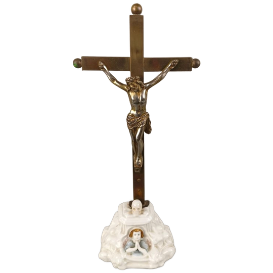 Antiek Kruisbeeld Messing & Porselein 1