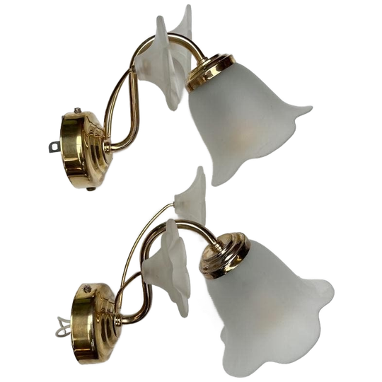 Set Van 2 Messing Art Deco Muurlampen Bloem, 1960's 1