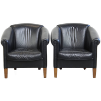 Prachtige Set Van 2 Zwarte Engelse Stijl Rundleren Clubfauteuils Met Een Tijdloos Design