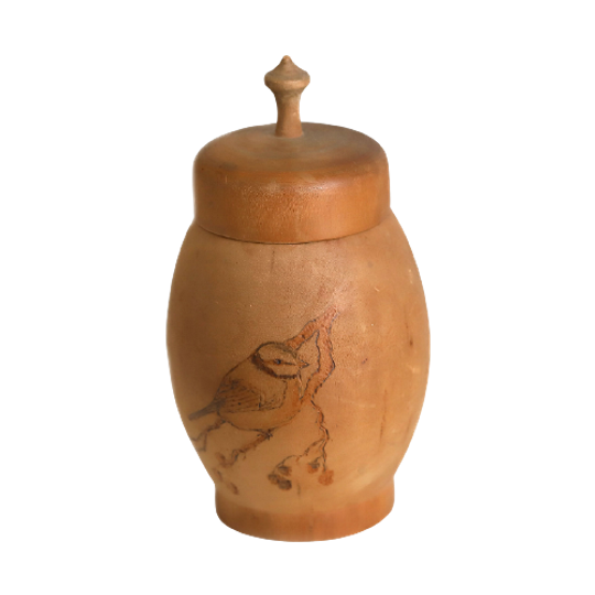 Retro Houten Pot In Oosterse Vorm Met Pimpelmeesje Op Tak. 1