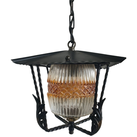 Lantaarn Hanglamp Met Amberkleurig Wit Geribbeld Glas 1