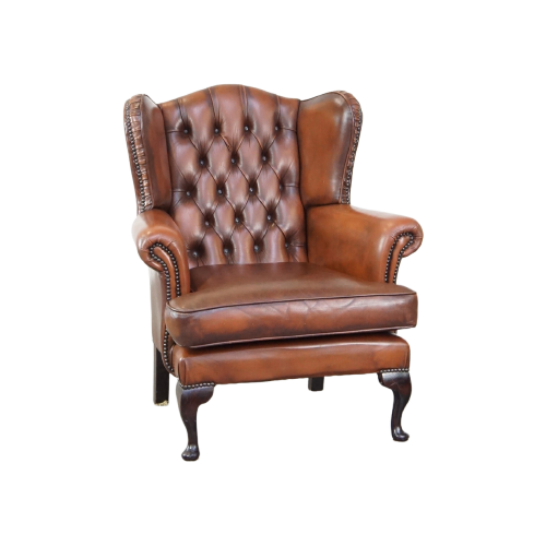 Zeer Mooie, Statige, Rundleren Chesterfield Oorfauteuil Met Elegante Pootjes