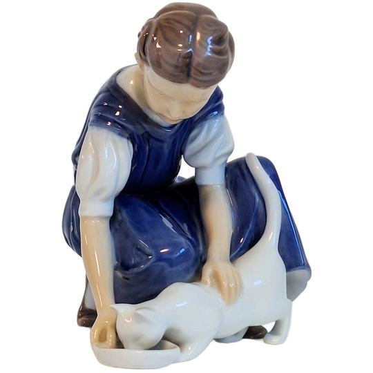 Statue Of A Girl With Cat, Bing & Grondahl 1960S 1
