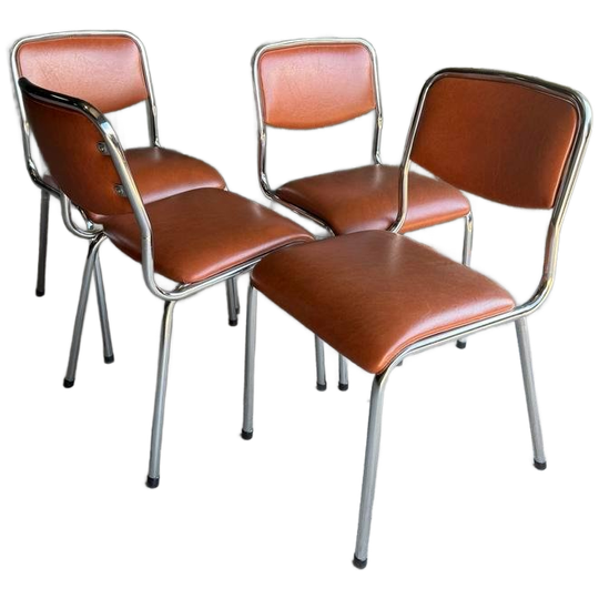 Set/4 Italian Mid-century Tavo Stoelen In Cognac Skai Leder 1