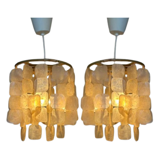 Set Van 2 Capiz Schelpen Hanglamp Lampen Schelp Parelmoer Bamboe Frame Wit Bedrading 1
