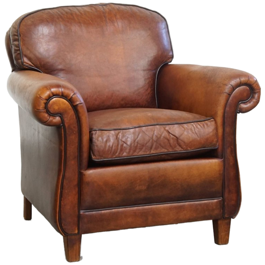 Tijdloze Fauteuil/ Armchair Gemaakt Van Schapenleer Met Prachtige Warme Kleuren In Engelse Stijl 1