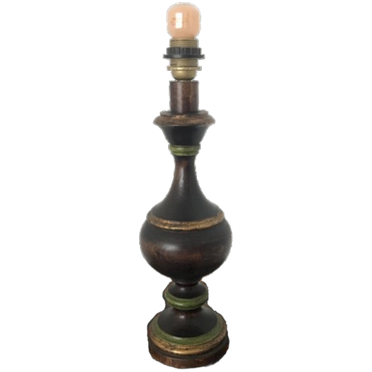 2 X Zeldzame Vintage Houten Voet Tafellampen In Bruin, Goud En Groen 1