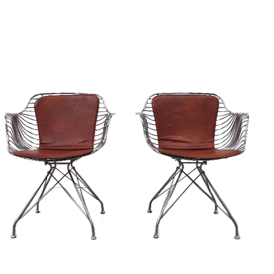 2 Design Wire Chairs Chroom Met Cognac Seat Pads 1