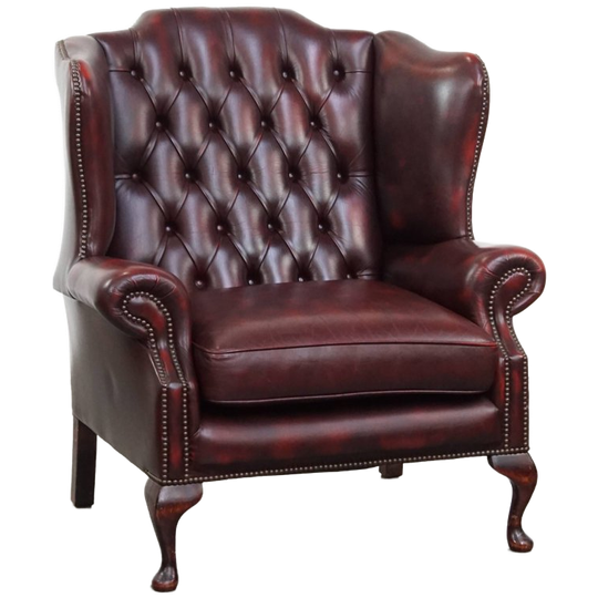 Klassiek Rode Rundleren Engelse Chesterfield Oorfauteuil Met Een Uitzonderlijk Brede Zitting 1