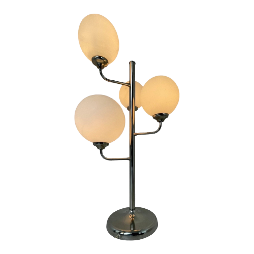 Ca. 1970’S - Stainless Steel Table Lamp With Opaline Glass Orbs - Mix Between Art Deco And Bauhaus