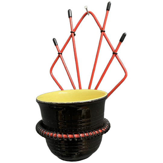 Red Wall Hanging Flower Pot Holder + Ceramic Pot 1960s 1