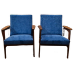 Vintage Fauteuil Nieuw Bekleed Kobalt Blauwe Ribstof thumbnail 1