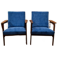 Vintage Fauteuil Nieuw Bekleed Kobalt Blauwe Ribstof