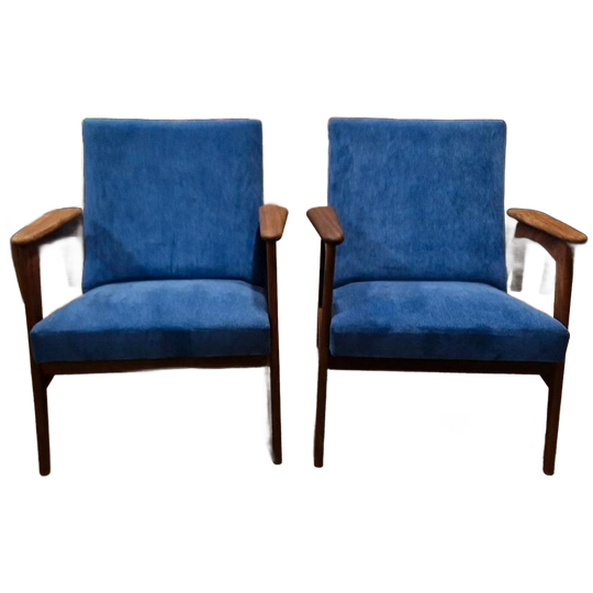 Vintage Fauteuil Nieuw Bekleed Kobalt Blauwe Ribstof 1