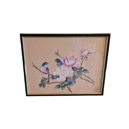 Chinese Aquarel Op Zijde Met Vogel En Rozen, Midden 20e Eeuw 1