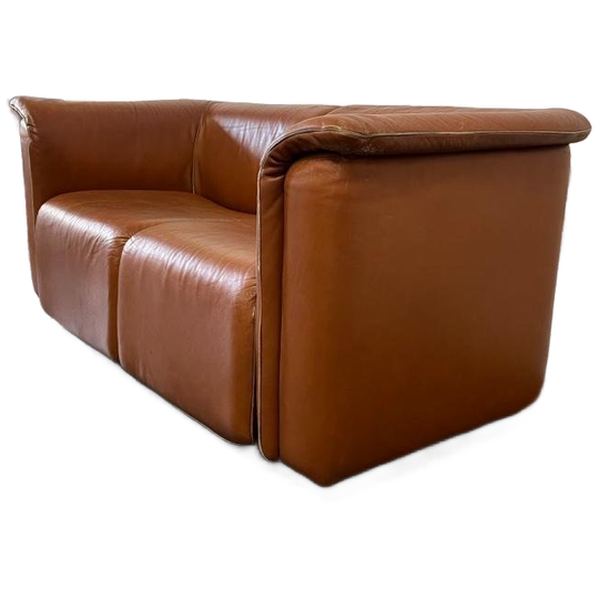 Vintage Cognackleurige Lederen Tweezit / Zetel / Canapé 1