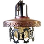 Vintage Brutalist Hanglamp Gehamerd Metaal Amberkleurig Glas Koperen Kap thumbnail 1