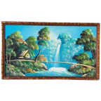 Vintage Indonesisch Olieverf Schilderij Xl Landschap Waterval thumbnail 1