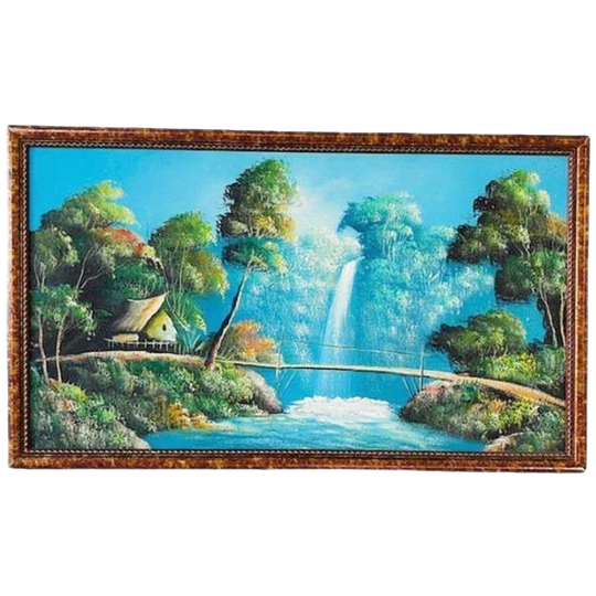 Vintage Indonesisch Olieverf Schilderij Xl Landschap Waterval 1