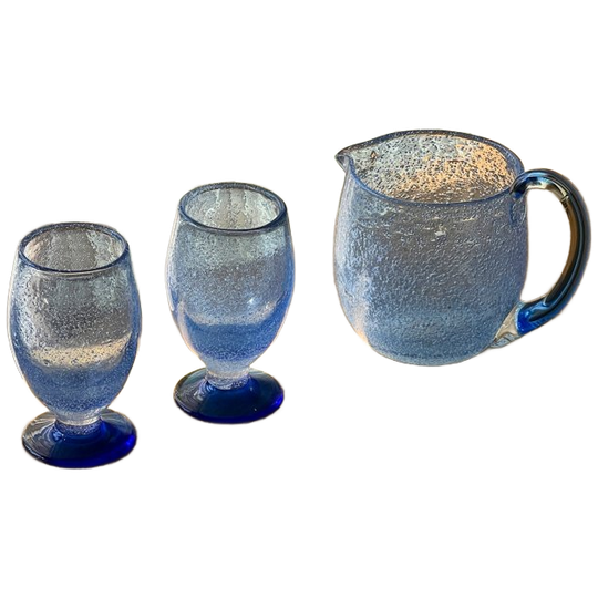 Vintage Blue Bubble Midcentury Jug & Glass Set 1