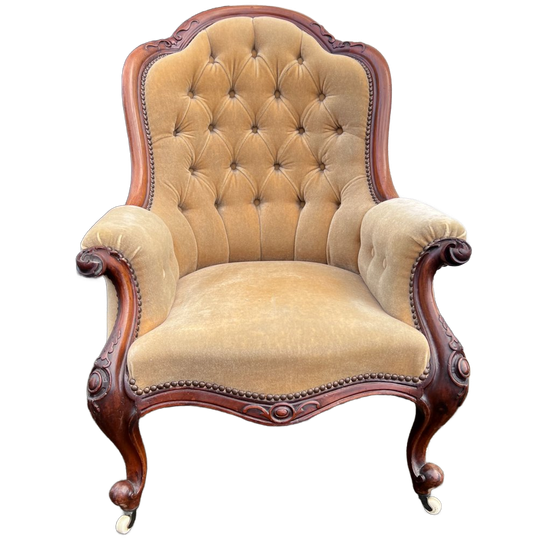 Schitterende Antiek Mahonie Fauteuil, Stevig, Gecapitonneerde Rugleuning, Op Wielen 1