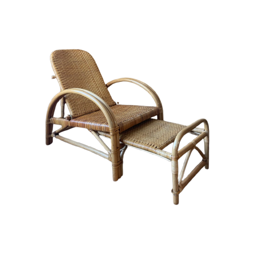 Vintage Boho Rotan Ligstoel Lounge Chair '60 Verstelbaar