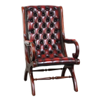 Donker Rode Gevlamde Engelse Chesterfield Fauteuil Van Rundleer En Hout, Victoriaans Model thumbnail 1