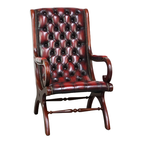 Donker Rode Gevlamde Engelse Chesterfield Fauteuil Van Rundleer En Hout, Victoriaans Model