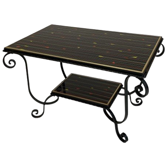 Vintage Salontafel Met 2 Glazen Bladen Met 50s Print 1
