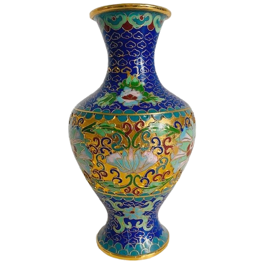 Vintage Oosterse Cloisonne Vaas Blauw Bloemen Patronen Boho 1980’s 1