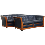 Luxe Set 2.5 Zits Schuitema Art Deco Design Banken Met Mooi Houtwerk En Donkerblauw Rundleer thumbnail 1