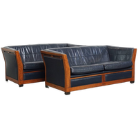 Luxe Set 2.5 Zits Schuitema Art Deco Design Banken Met Mooi Houtwerk En Donkerblauw Rundleer